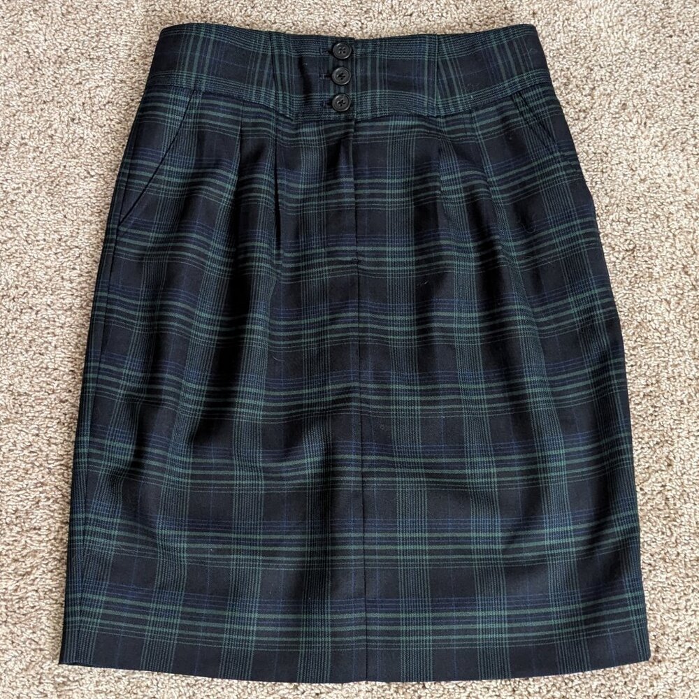 J. Crew Skirt Womens 4 Navy Green Plaid Pleated Wool Blend Straight Preppy